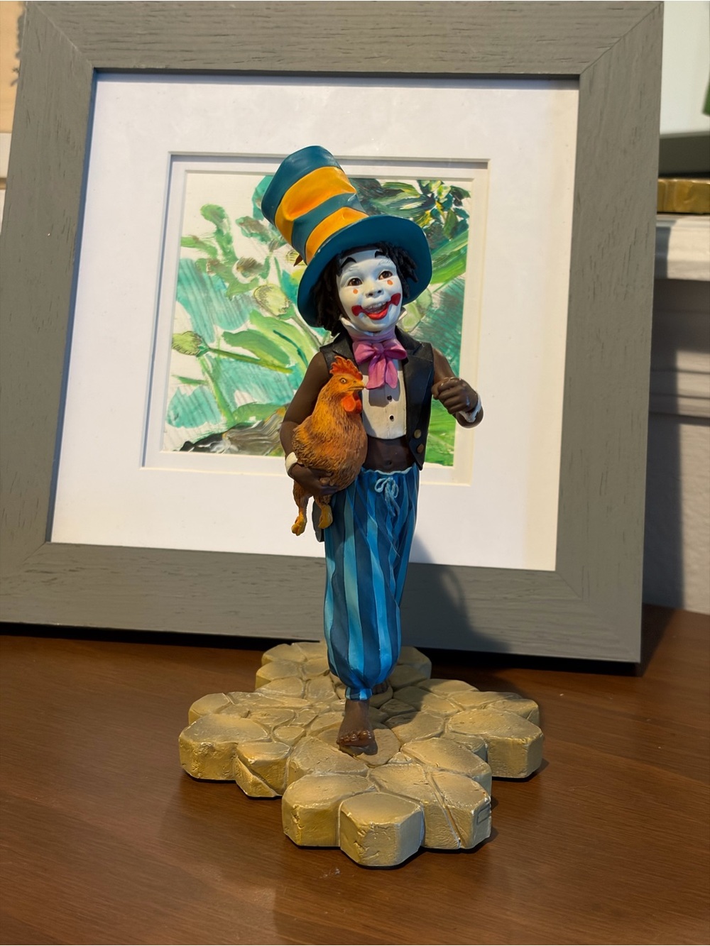 Whimsical Clown Figurine in Teal & Blue with Chicken - Home Art Decor